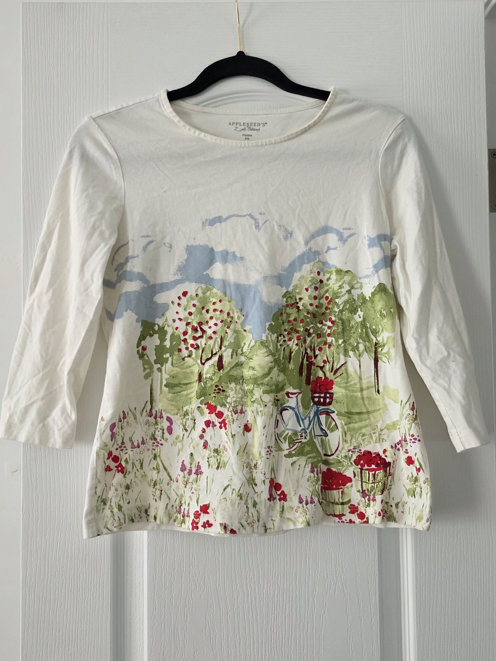 Appleseed's Petite PS Cotton Scenic Garden Bicycle Print 3/4 Sleeve Top